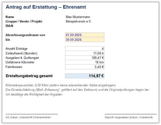 Ehrenamt-Tätigkeiten Excel-Vorlage - Abrechnung.