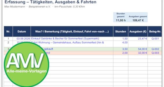 Ehrenamt Nachweis Vorlage für Excel