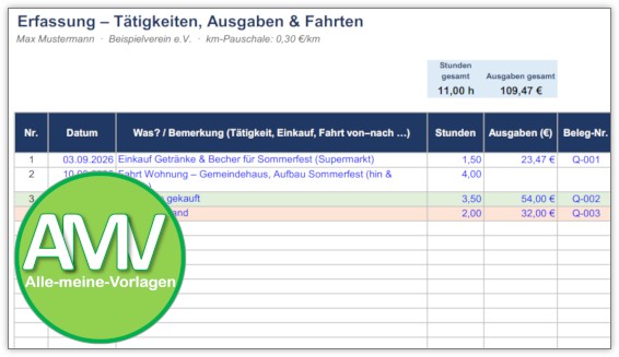 Ehrenamt-Tätigkeiten Excel-Vorlage - Datenerfassung.